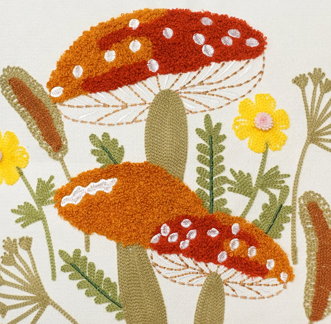 Mushroom & Wildflowers Throw Pillow Cover | Ivory | 18" x 18"