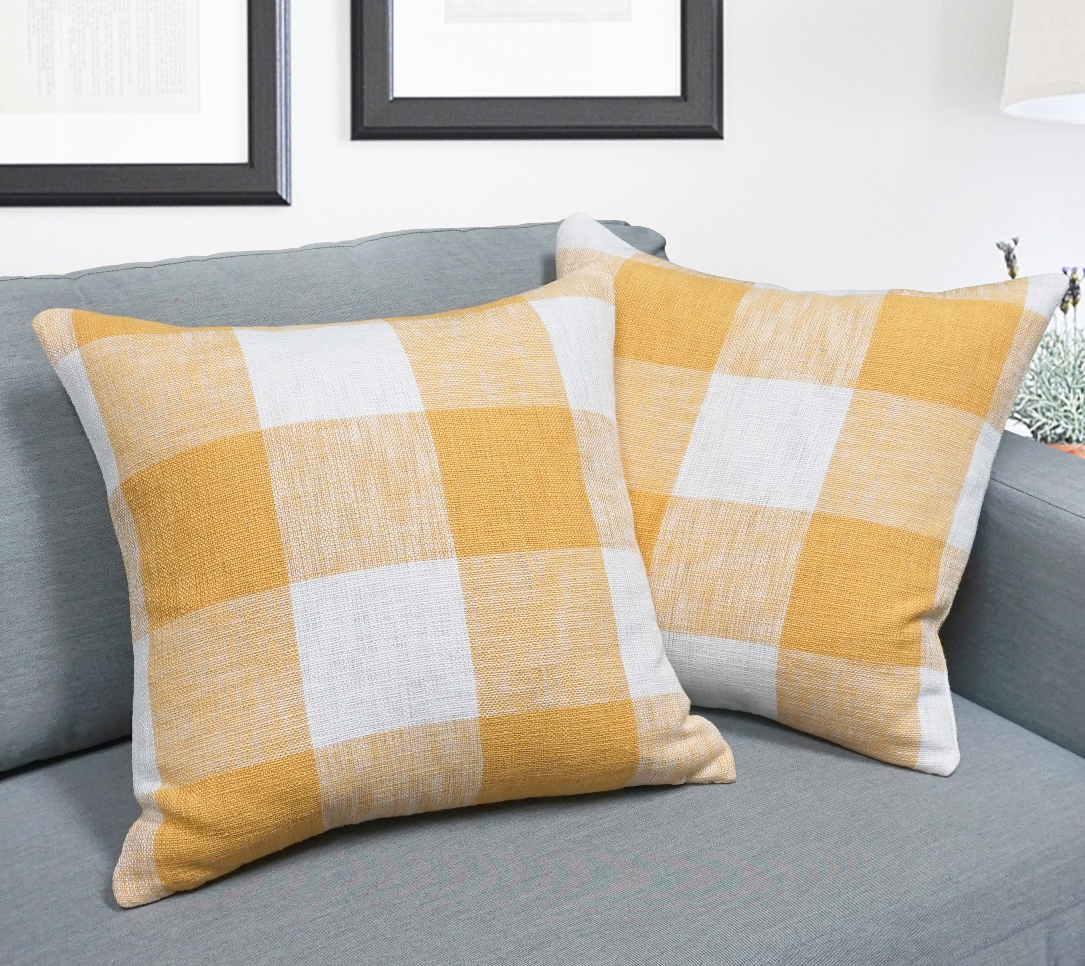 Set of 2 Linen Buffalo Check Throw Pillow Cover Yellow 20