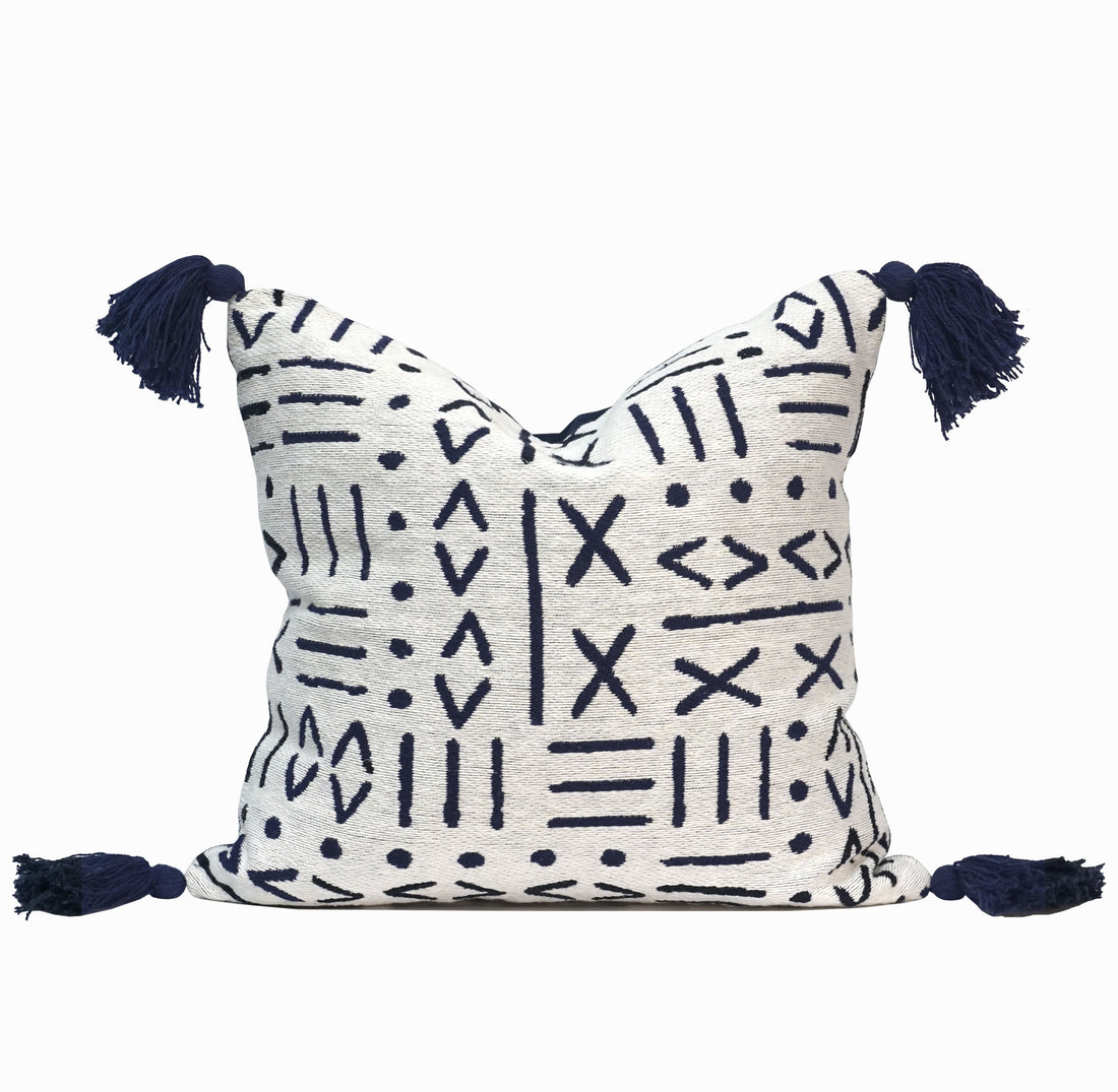 Dahlia Indian Throw Pillow Cover | White/Navy | 18"x 18"