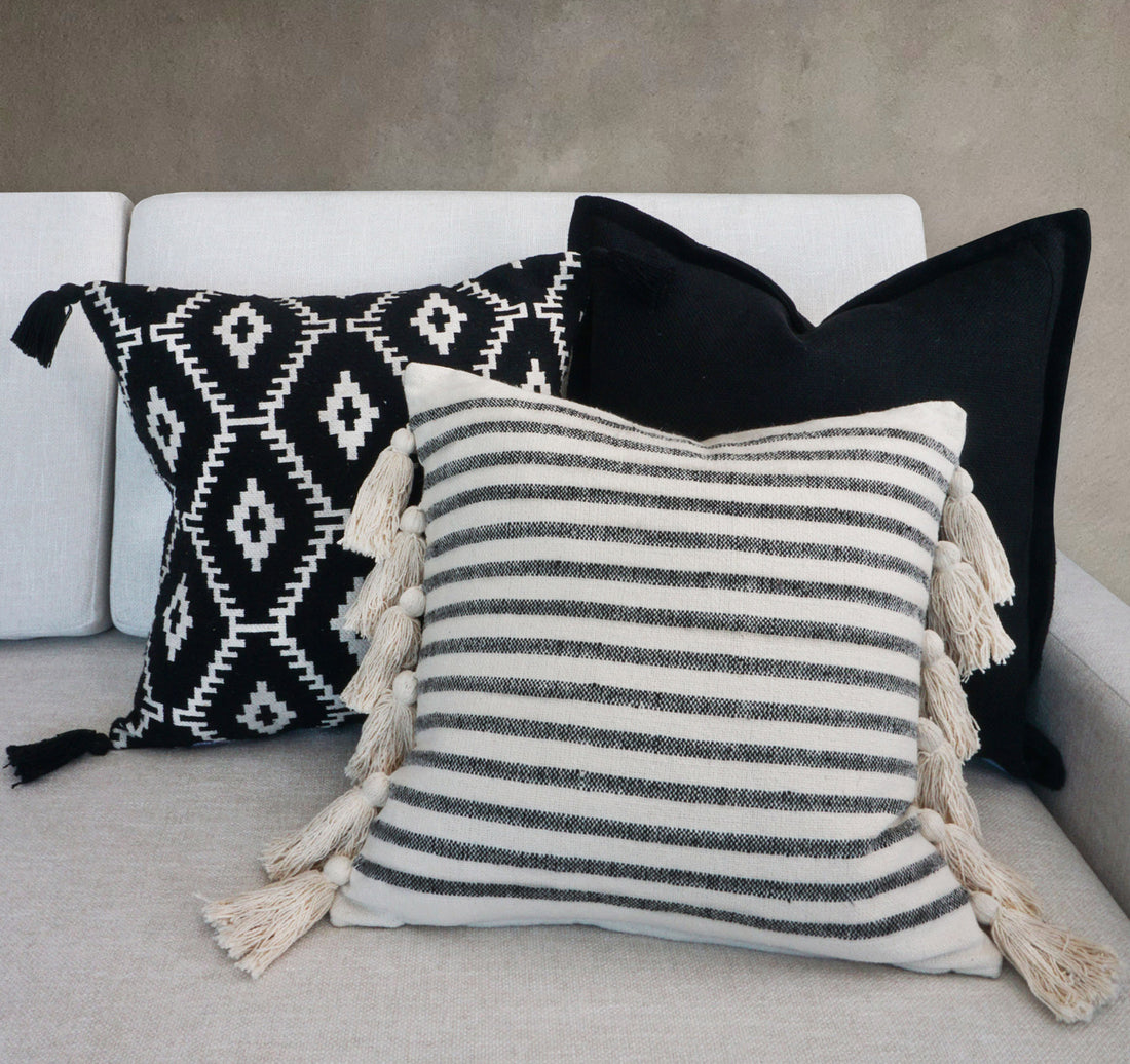 Margo Indian Throw Pillow Cover | Ivory/Black | 18"x 18"