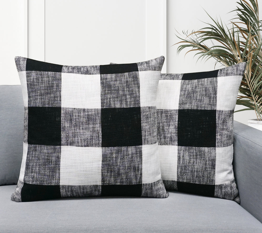 Set of 2 Linen Buffalo Check Throw Pillow Cover | Black/White | 20" x 20"