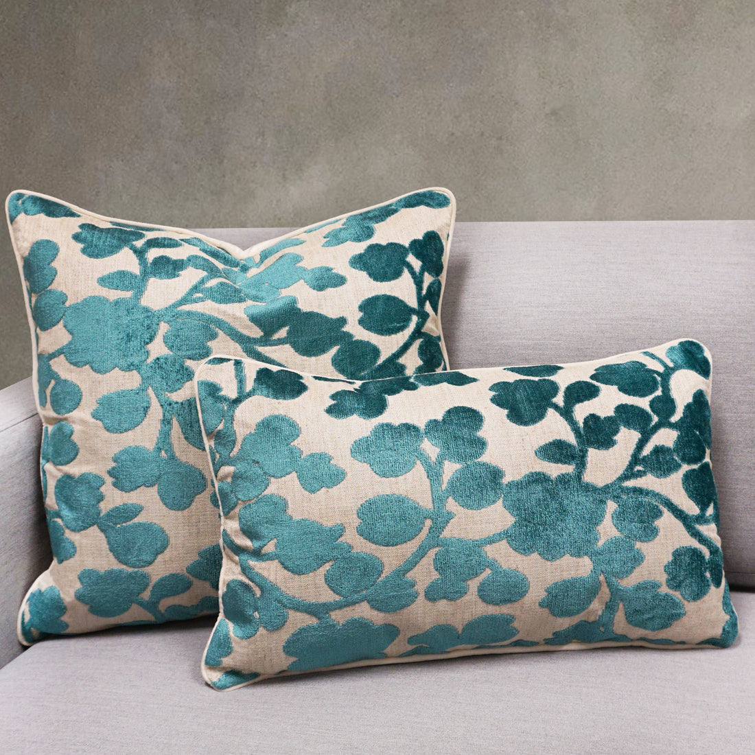 Blossom Lumbar Cut Velvet Throw Pillow Cover | Turquoise | 12" x 20"