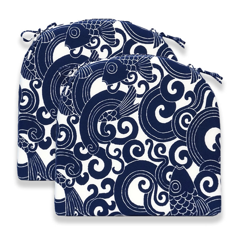 Set of 2 Blue Carp Indoor/Outdoor Seat Cushions With Ties | Navy | 16"x17"X2"