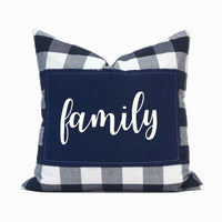Family Applique Buffalo Check Throw Pillow Cover | Navy | 20" x 20"