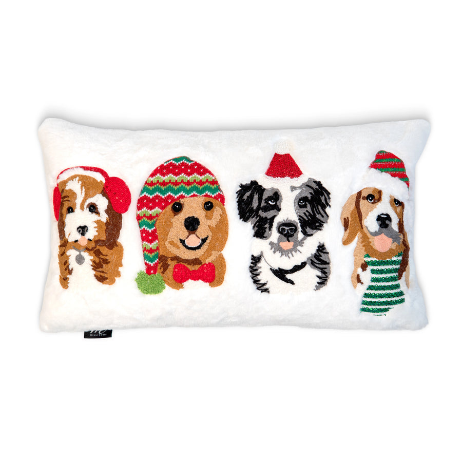 4 Dogs Embroidery On Faux Fur Base Pillow | 14‘’x24‘’
