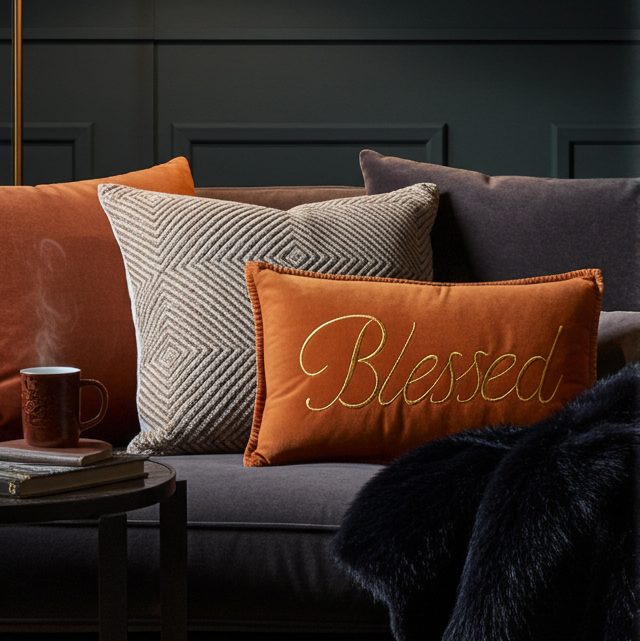 Blessed on Velvet Base With Whip Stitch Throw Pillow  | 14"x20"