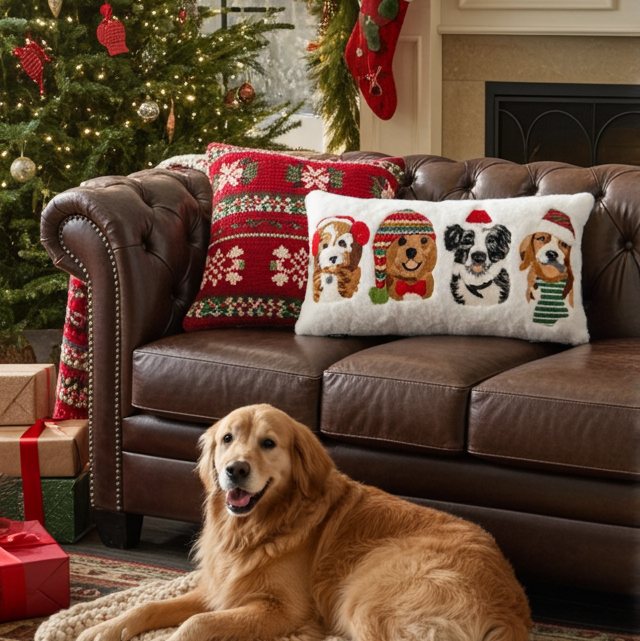 4 Dogs Embroidery On Faux Fur Base Pillow | 14"x24"