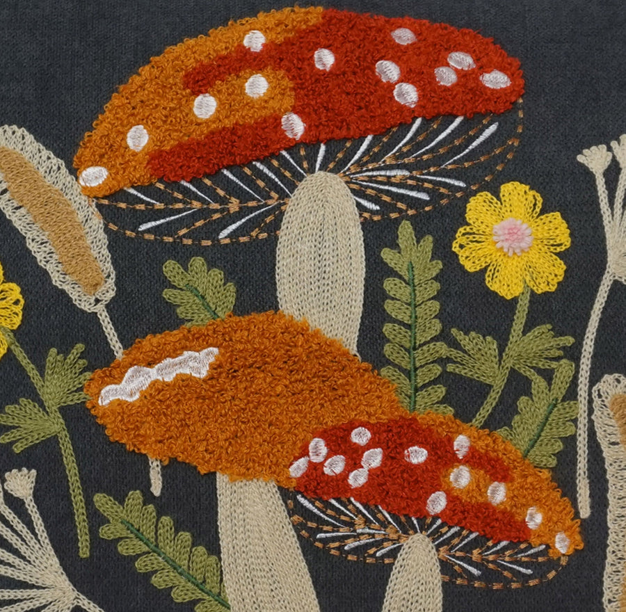 Mushroom & Wildflowers Throw Pillow Cover | Gray | 18" x 18"