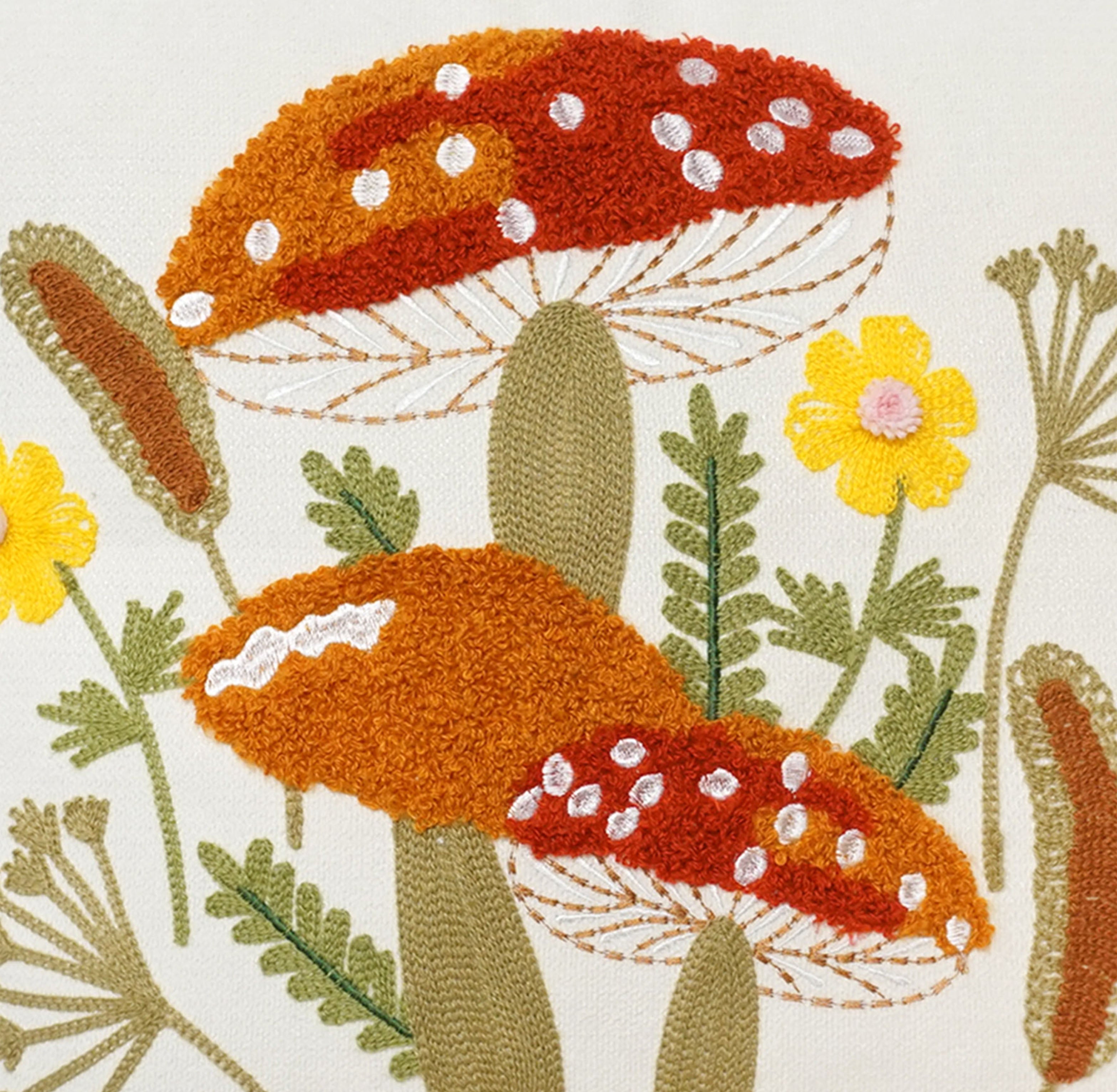 Mushroom & Wildflowers Throw Pillow Cover | Ivory | 18" x 18"