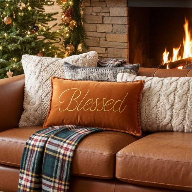 Blessed on Velvet Base With Whip Stitch Throw Pillow  | 14"x24"