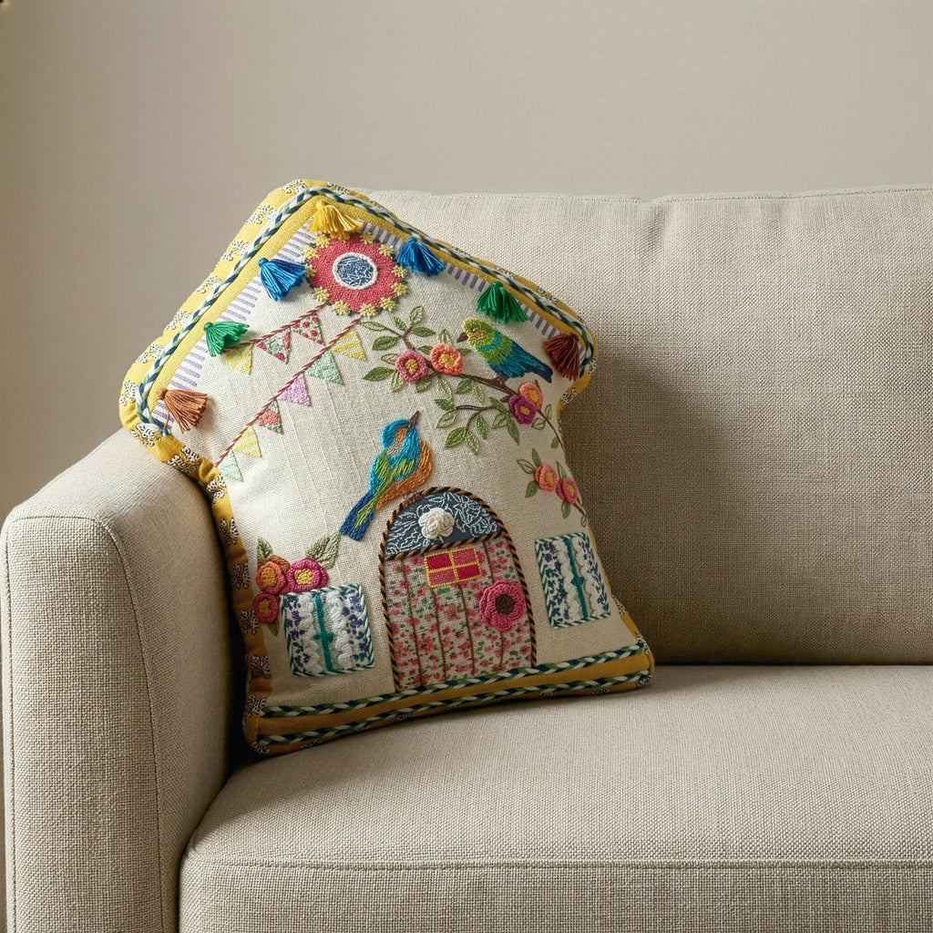 Bird House Handmade Embroidered Pillow | 12"x13"