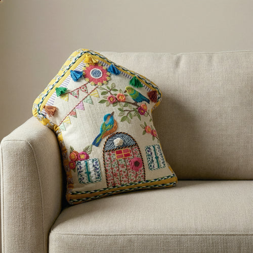 Bird House Handmade Embroidered Pillow | 12"x13"