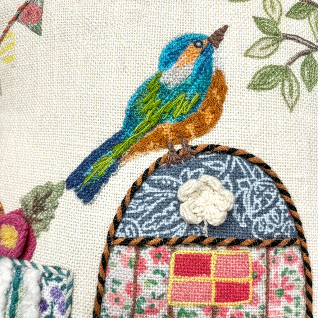 Bird House Handmade Embroidered Pillow | 12"x13"