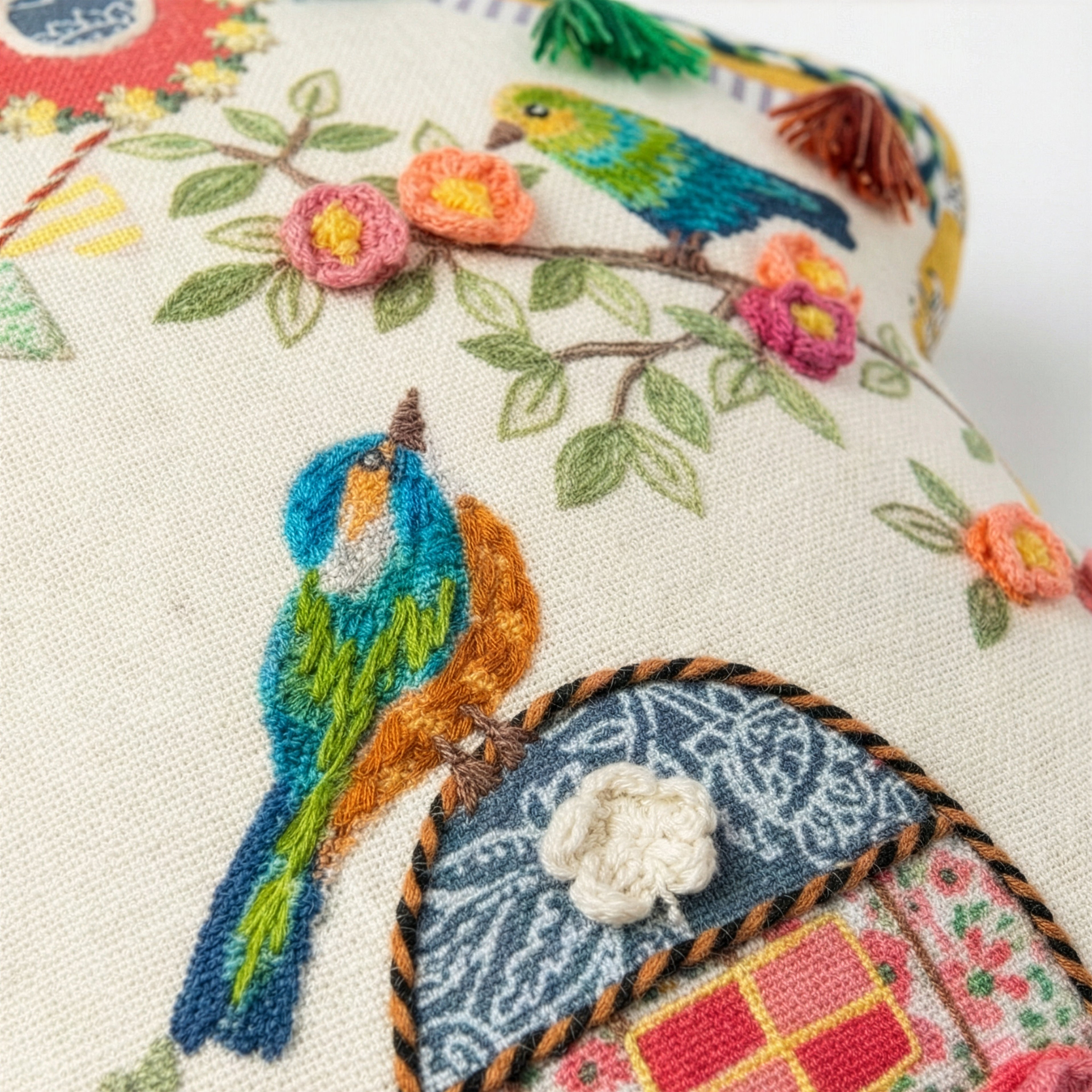 Bird House Handmade Embroidered Pillow | 12"x13"
