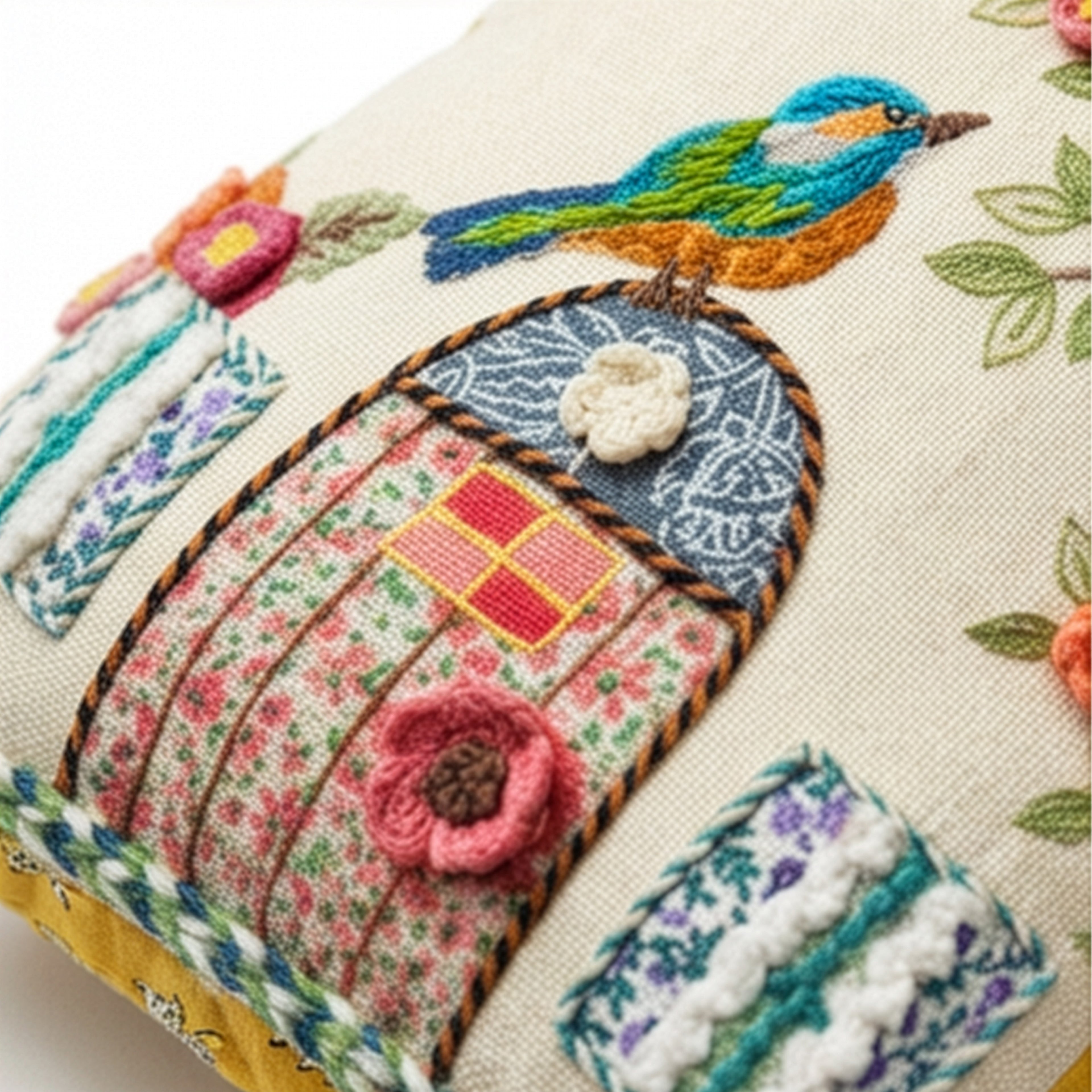 Bird House Handmade Embroidered Pillow | 12"x13"
