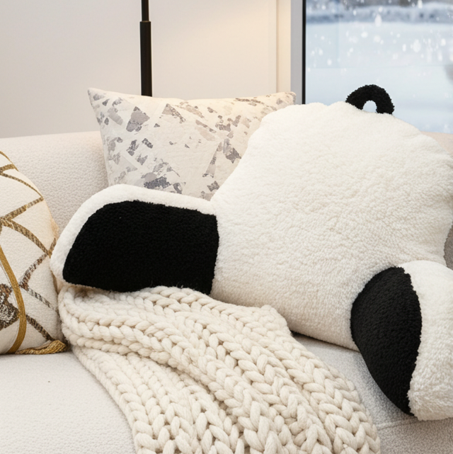 Panda Sherpa Bed Reading Memory Foam Pillow | Backrest Support Soft Cushion with Arms | Medium