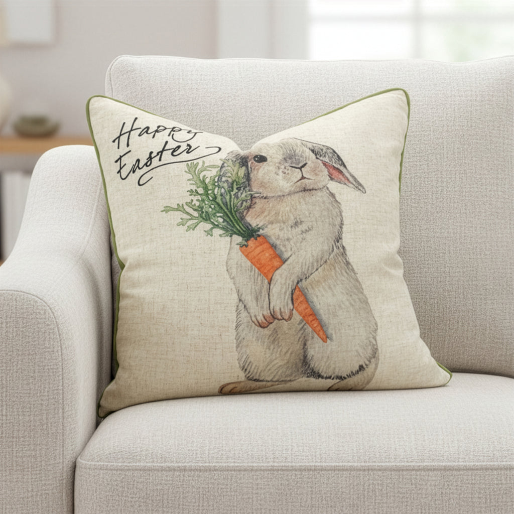 Easter Bunny Carrot Print Throw Pillow Cover | Natural | 20" x 20"