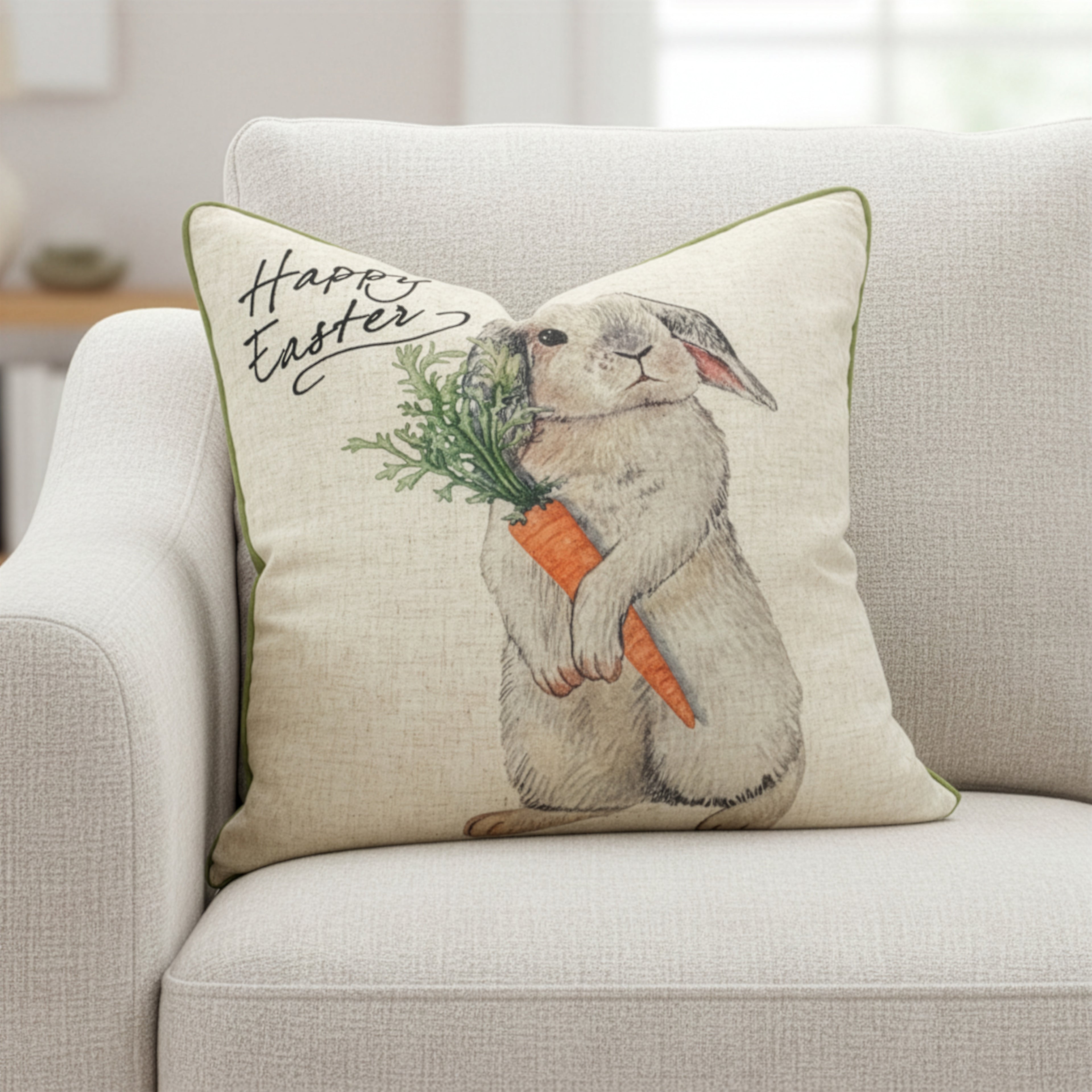 Easter Bunny Carrot Print Throw Pillow Cover | Natural | 20" x 20"