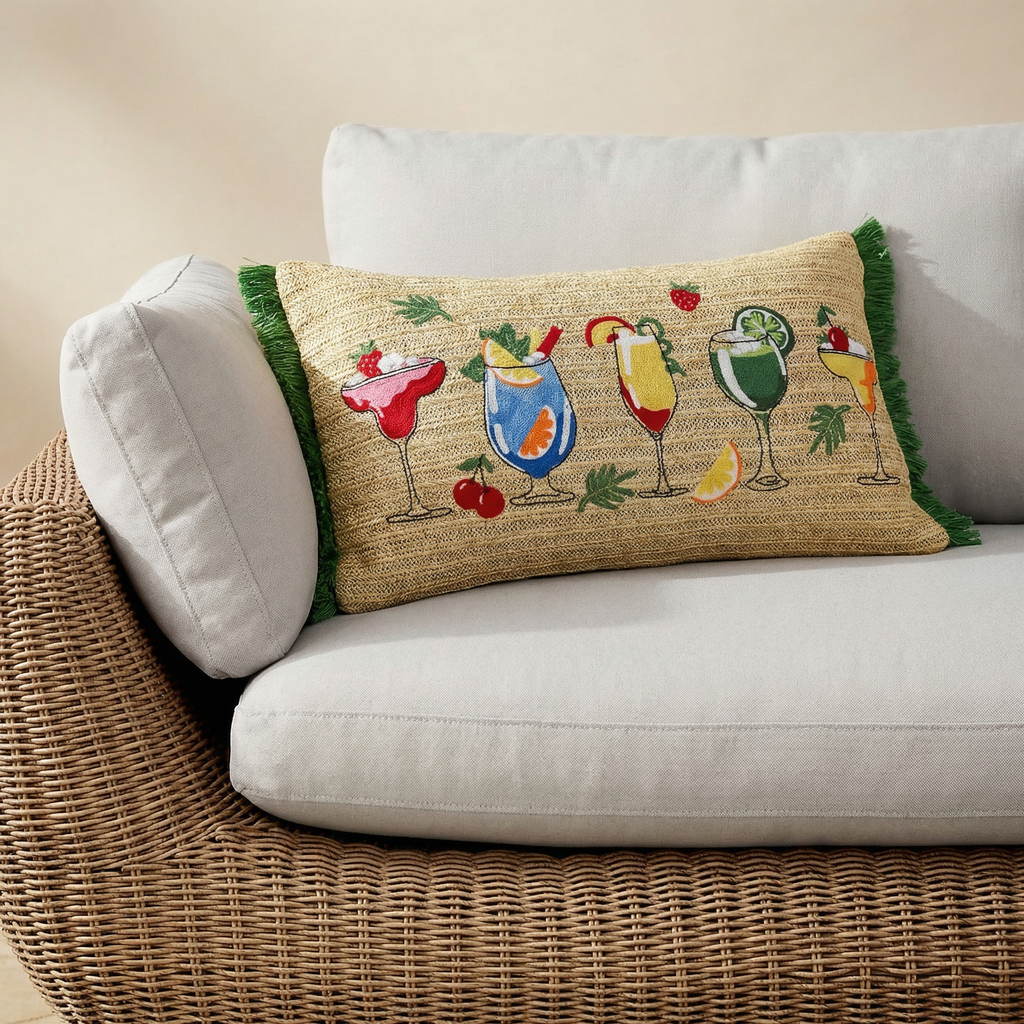 Outdoor Embroidered Cocktail Raffia Lumbar Pillow | 14”×24”