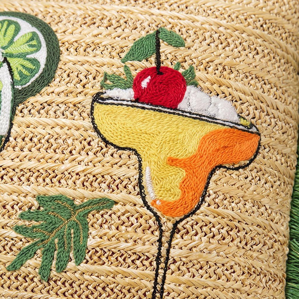 Outdoor Embroidered Cocktail Raffia Lumbar Pillow | 14”×24”