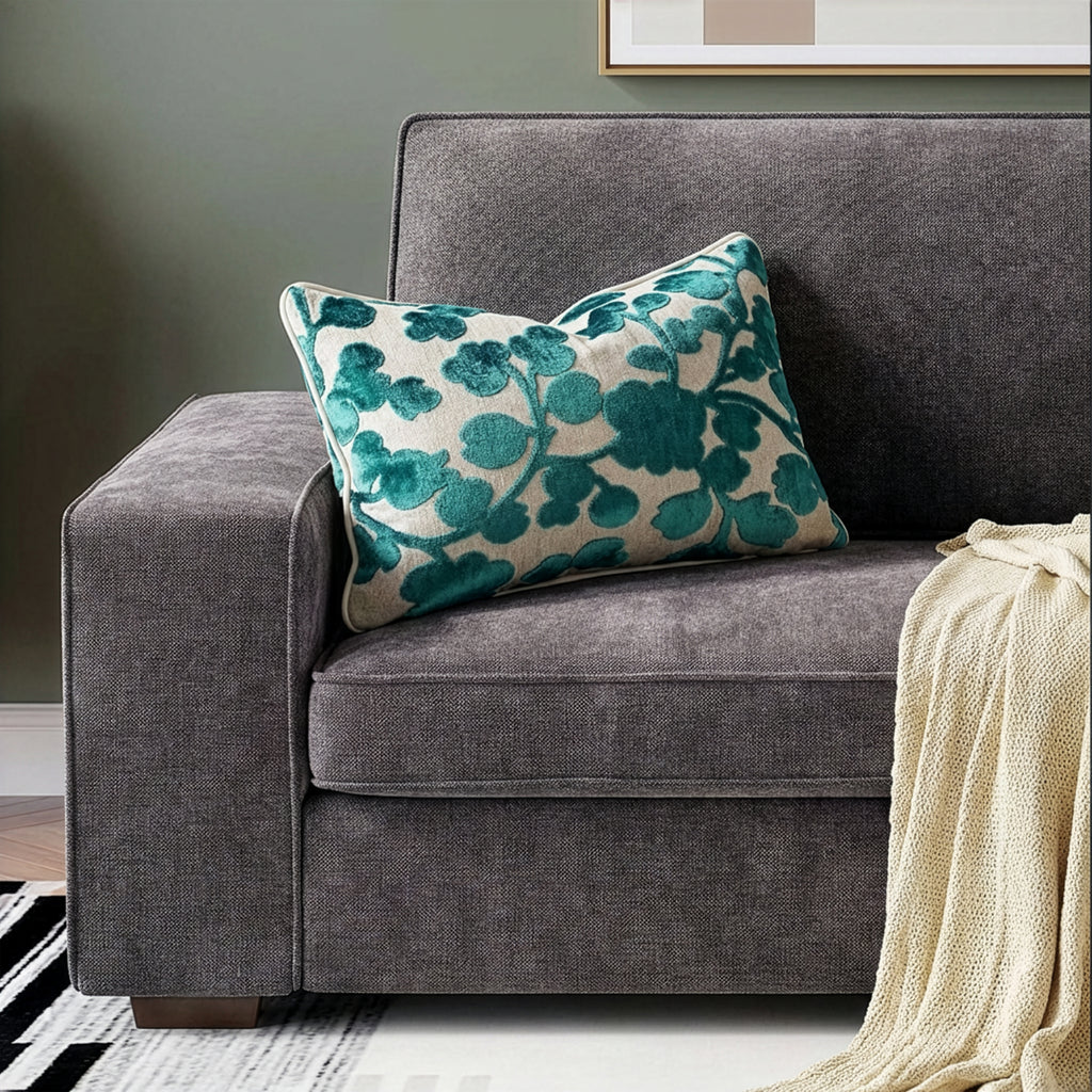 Blossom Lumbar Cut Velvet Throw Pillow Cover | Turquoise | 12" x 20"
