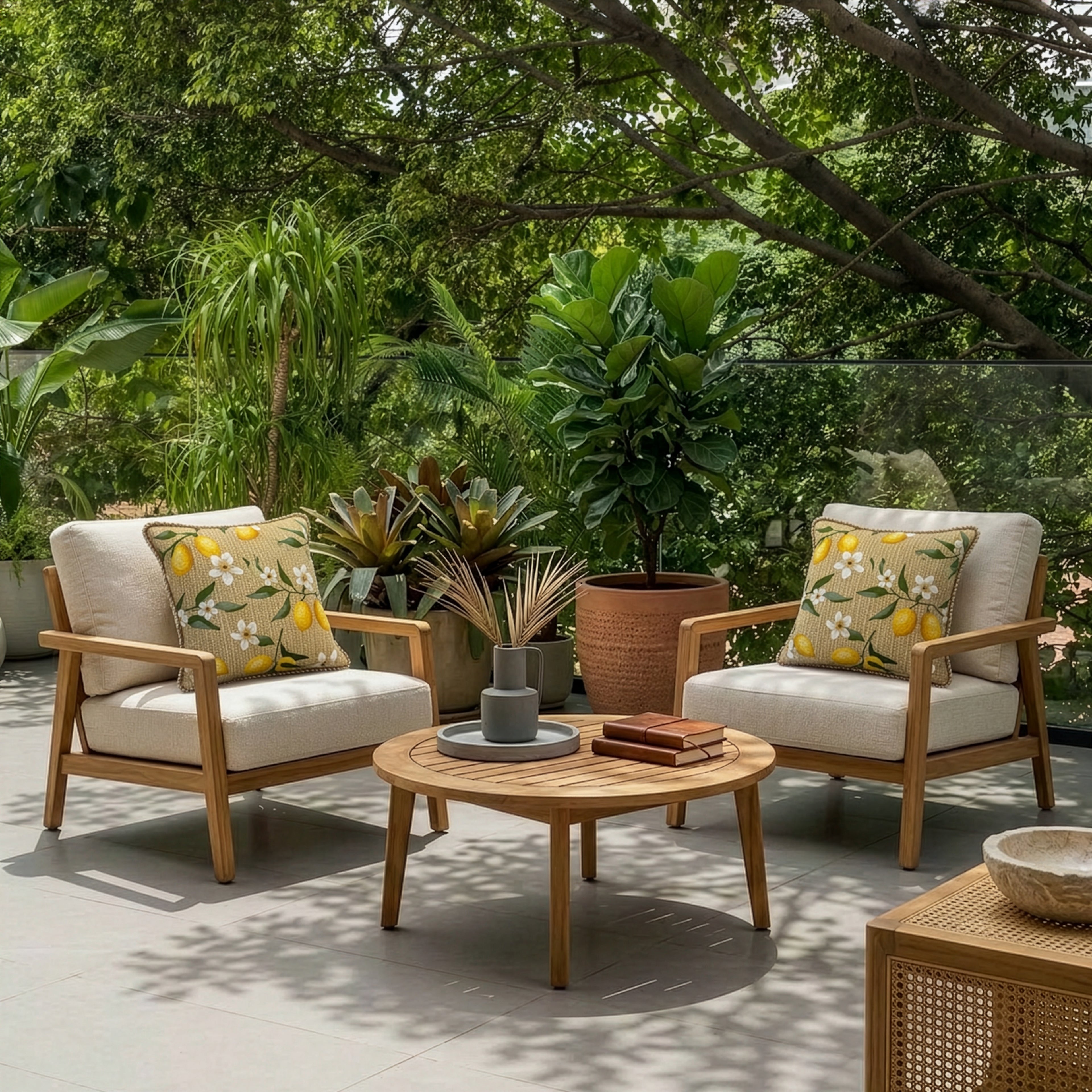 Outdoor Embroidered Lemon Blossom Raffia Pillow | 20"x20"