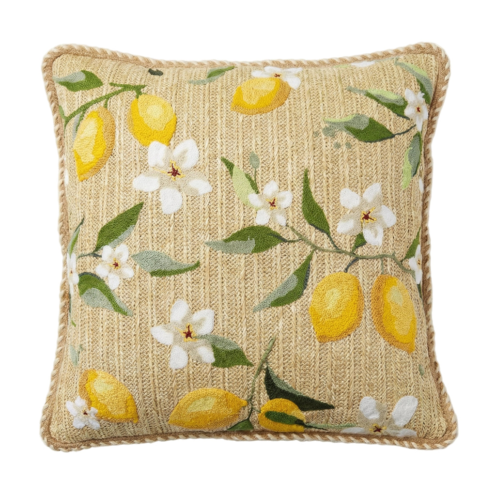 Outdoor Embroidered Lemon Blossom Raffia Pillow | 20"x20"