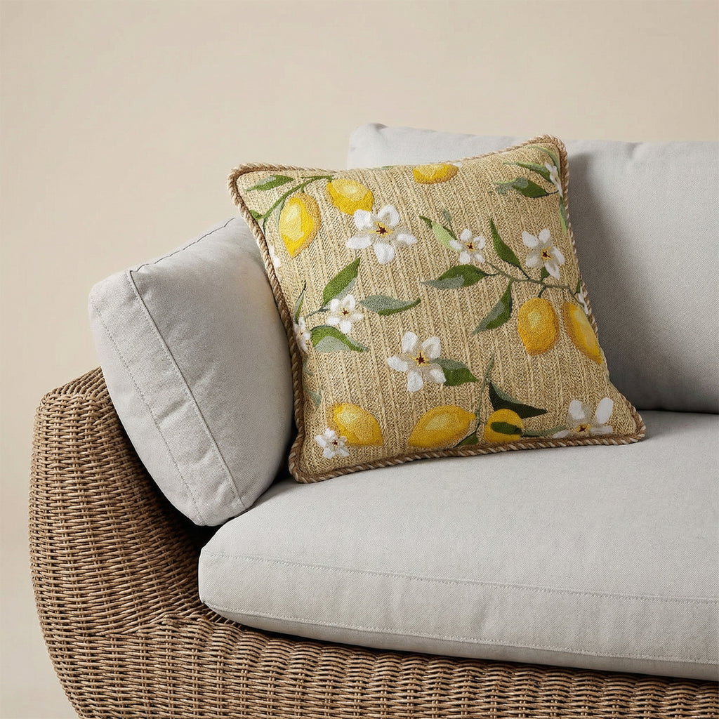 Outdoor Embroidered Lemon Blossom Raffia Pillow | 20"x20"