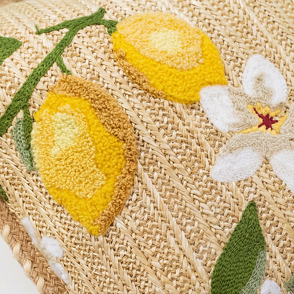 Outdoor Embroidered Lemon Blossom Raffia Pillow | 20"x20"