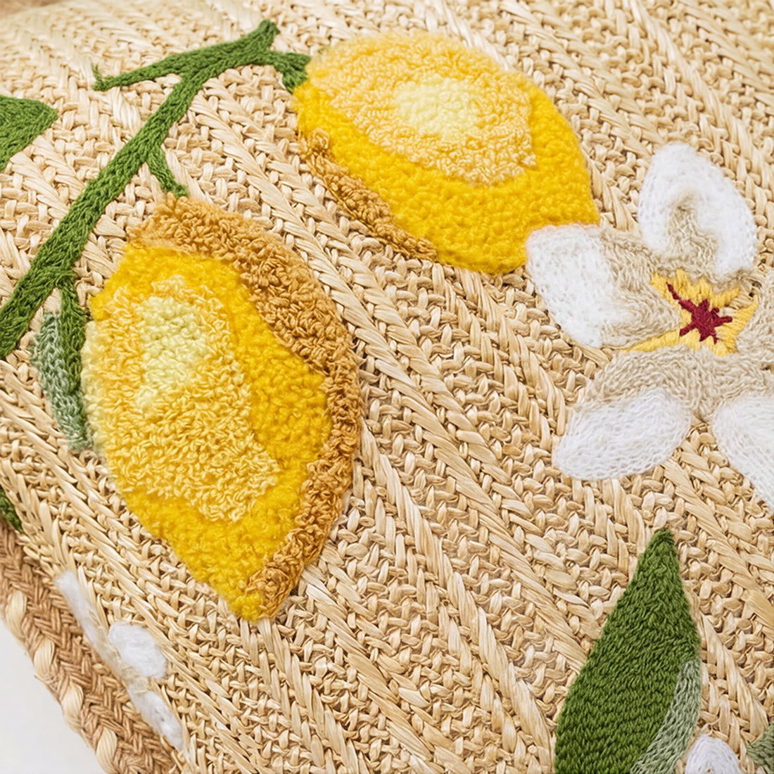 Outdoor Embroidered Lemon Blossom Raffia Pillow | 20"x20"