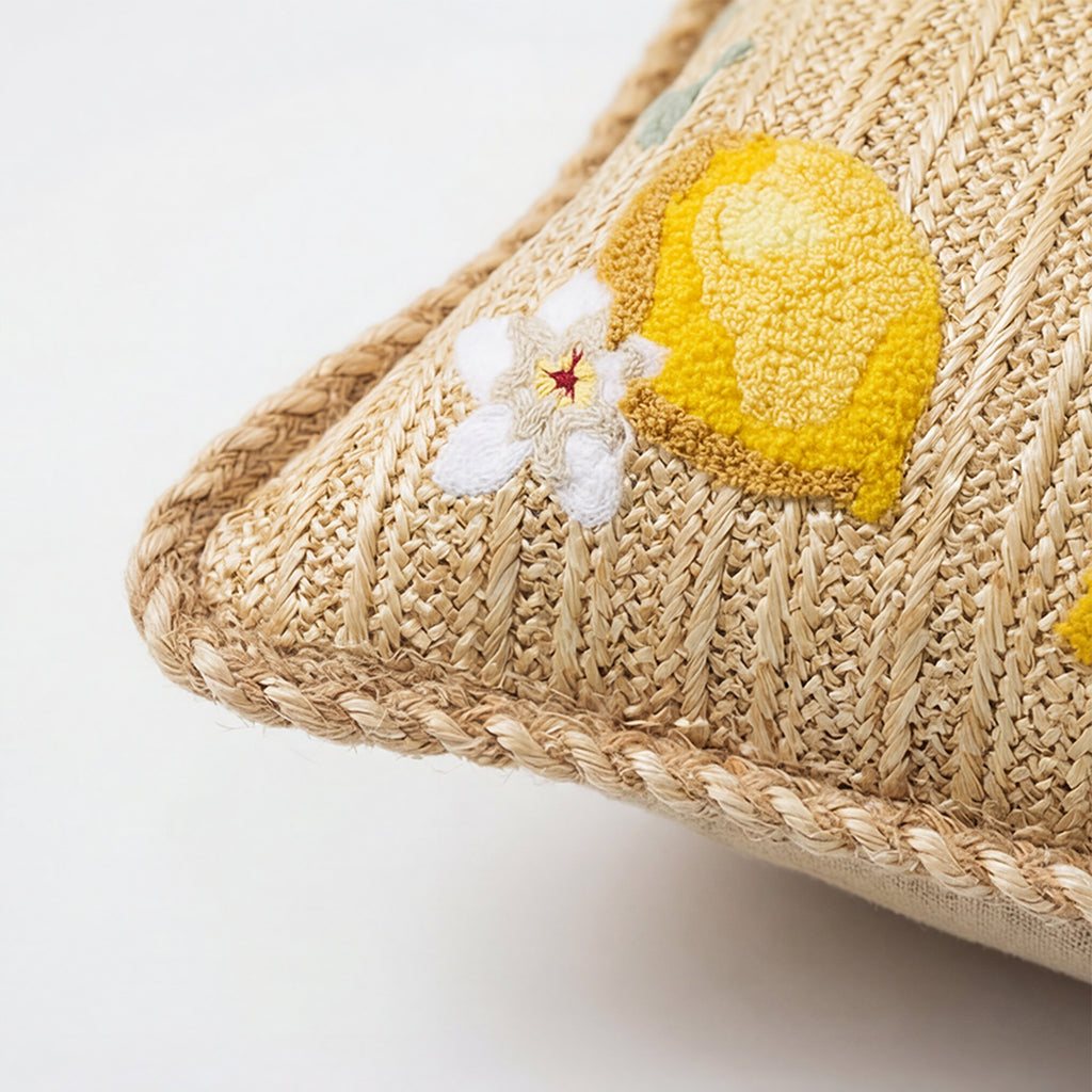 Outdoor Embroidered Lemon Blossom Raffia Pillow | 20"x20"