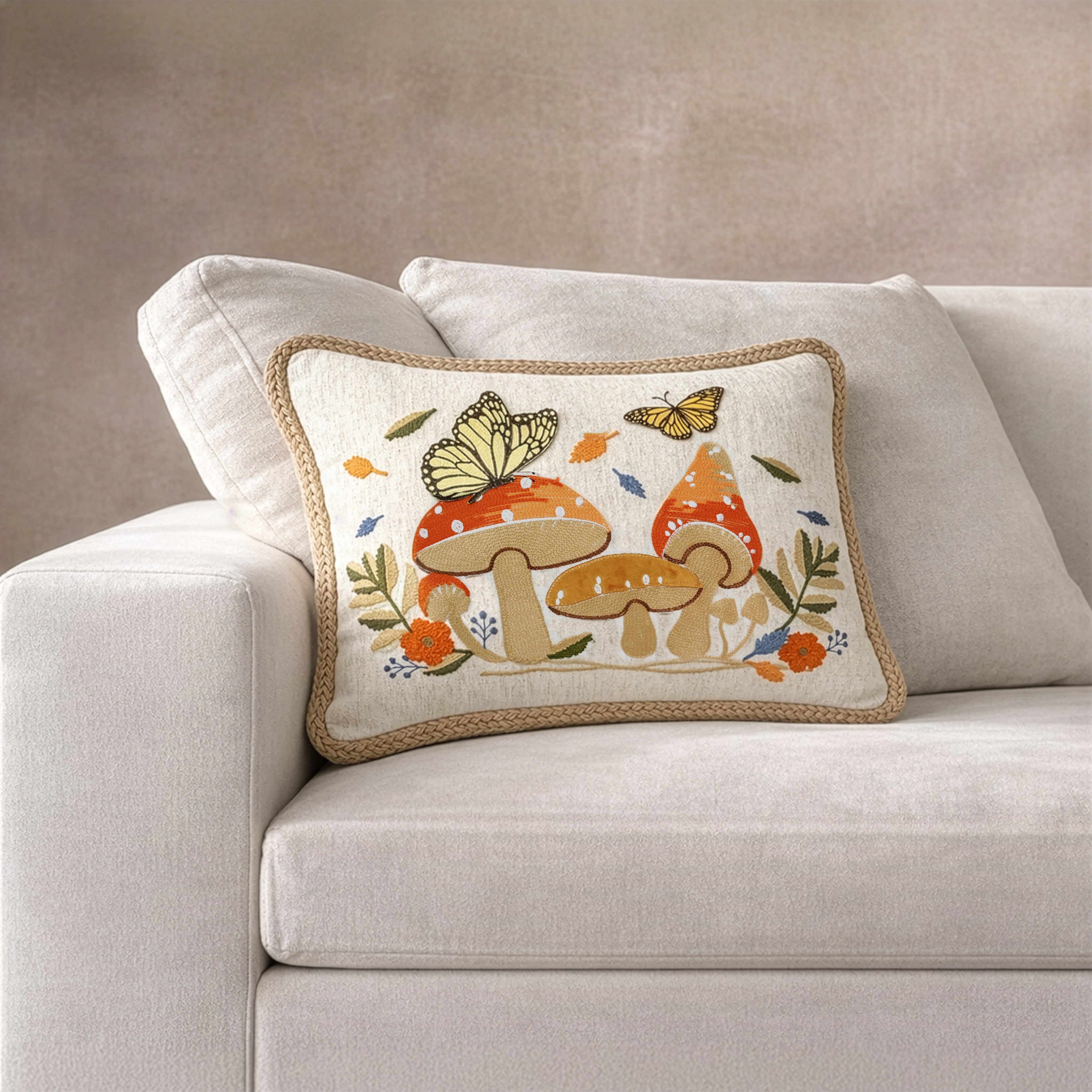 Mushrooms & Butterflies Throw Pillow Cover | Multi | 14" x 20"