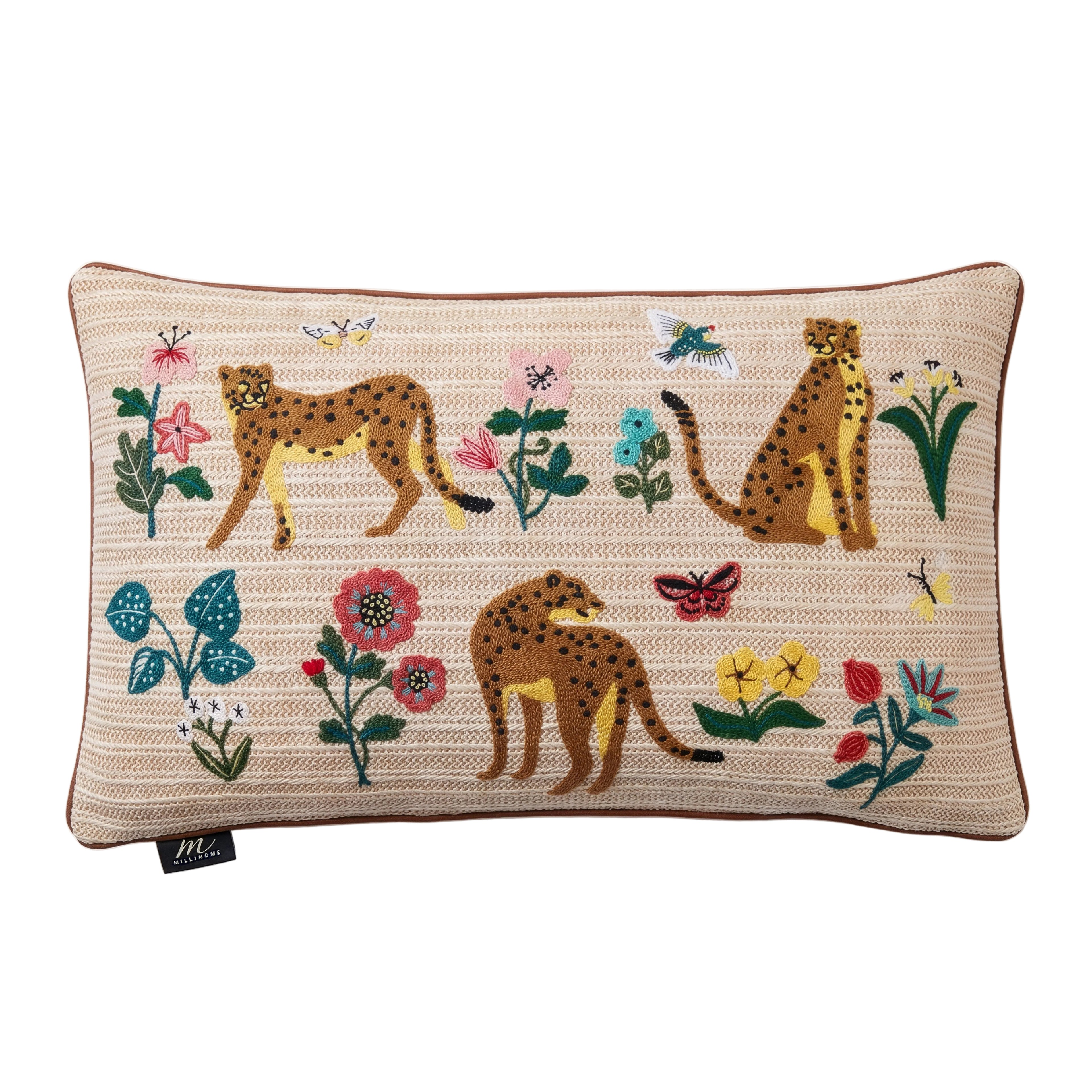 Outdoor Embroidered Leopard Botanical Raffia Lumbar Pillow | 14”×24”