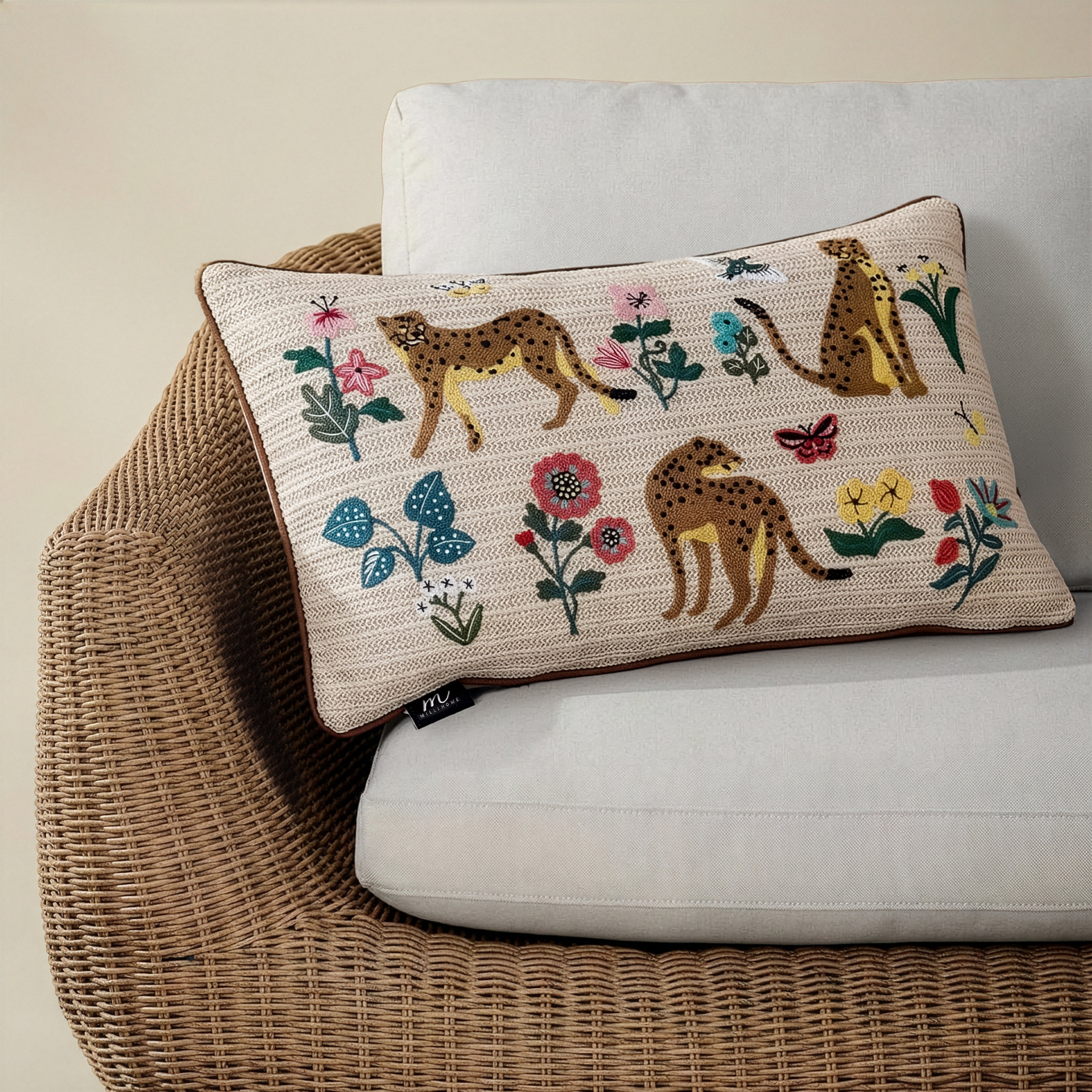 Outdoor Embroidered Leopard Botanical Raffia Lumbar Pillow | 14”×24”