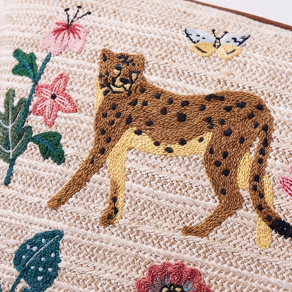 Outdoor Embroidered Leopard Botanical Raffia Lumbar Pillow | 14”×24”