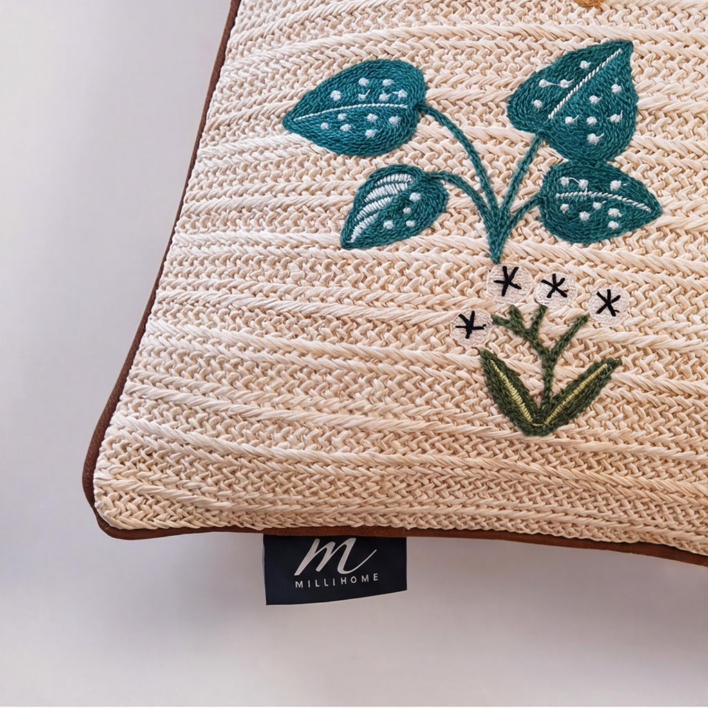 Outdoor Embroidered Leopard Botanical Raffia Lumbar Pillow | 14”×24”