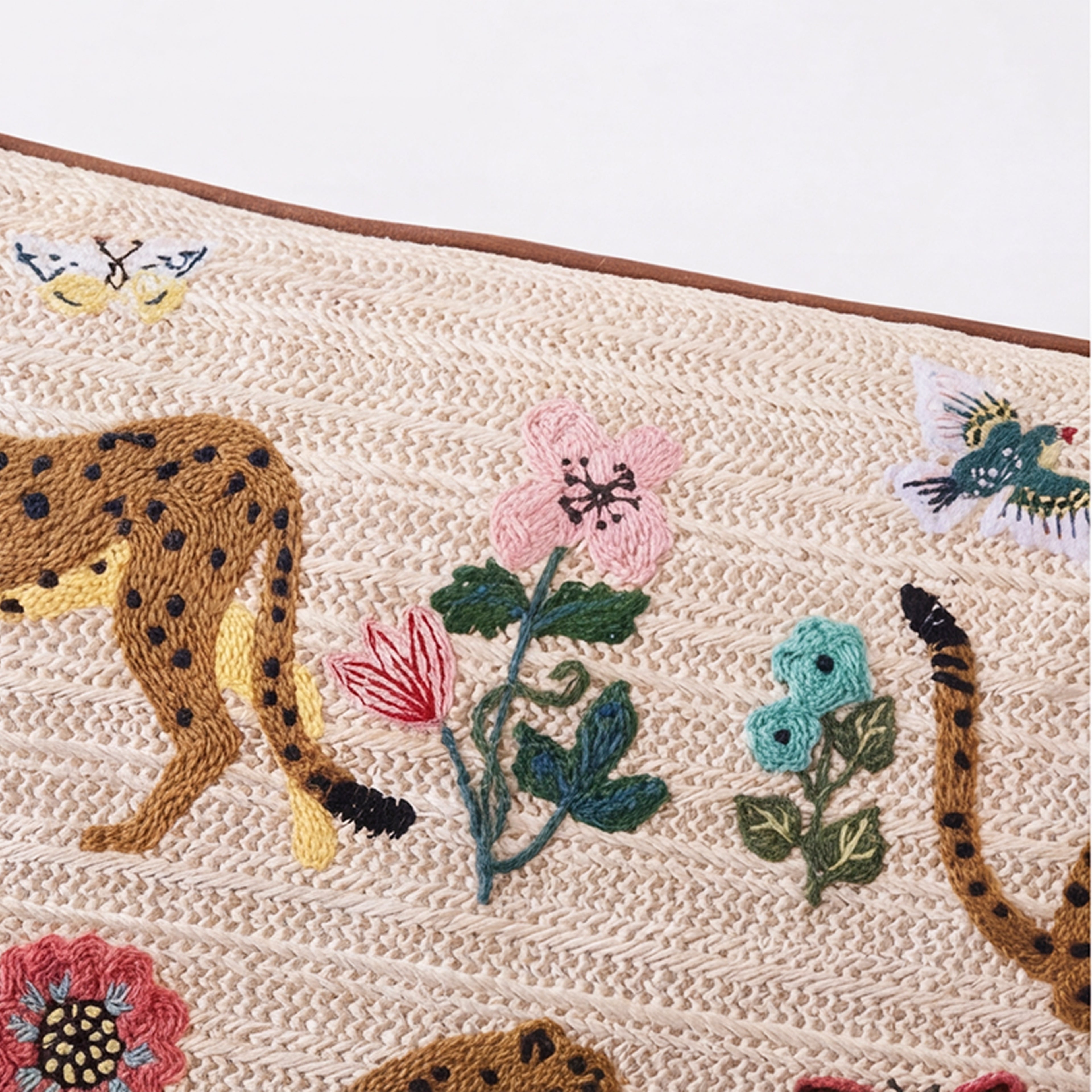 Outdoor Embroidered Leopard Botanical Raffia Lumbar Pillow | 14”×24”