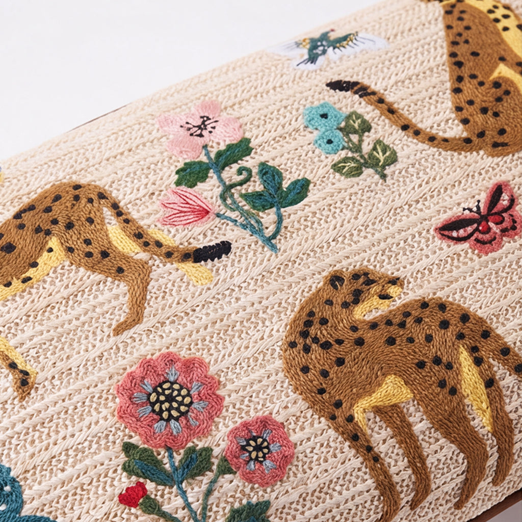 Outdoor Embroidered Leopard Botanical Raffia Lumbar Pillow | 14”×24”