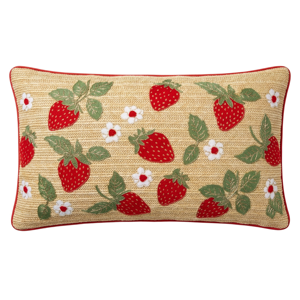 Outdoor Embroidered Strawberry Raffia Lumbar Pillow | 14”×24”