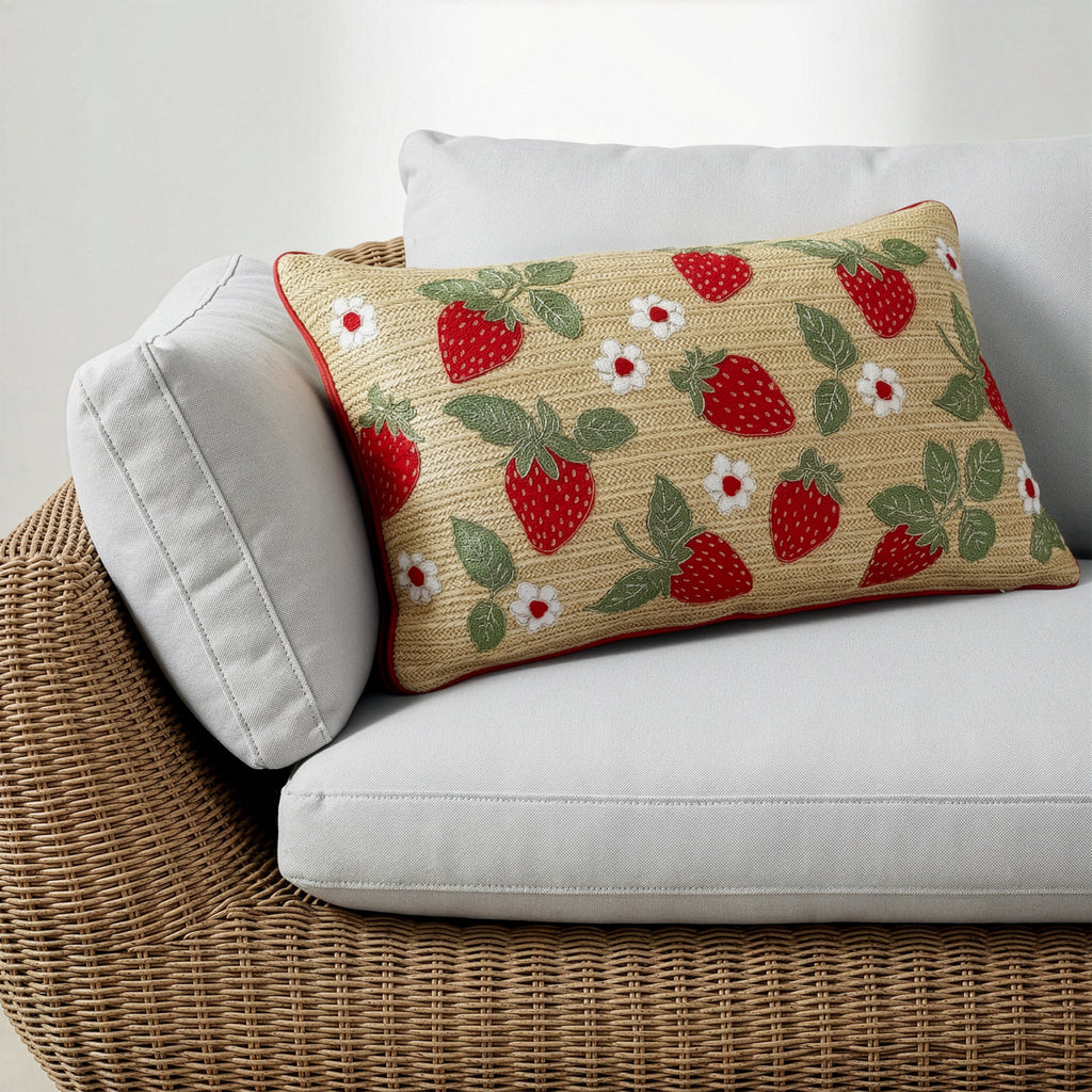 Outdoor Embroidered Strawberry Raffia Lumbar Pillow | 14”×24”