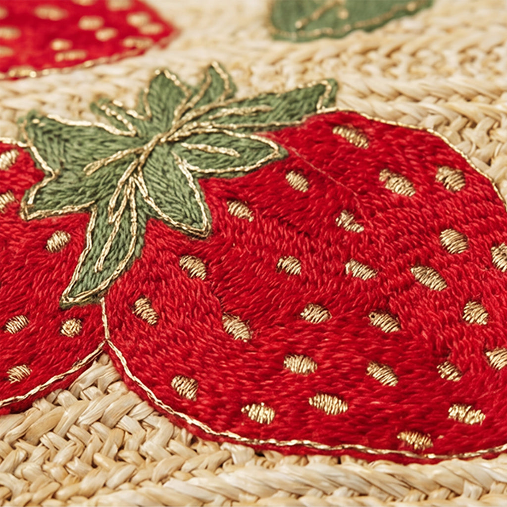Outdoor Embroidered Strawberry Raffia Lumbar Pillow | 14”×24”