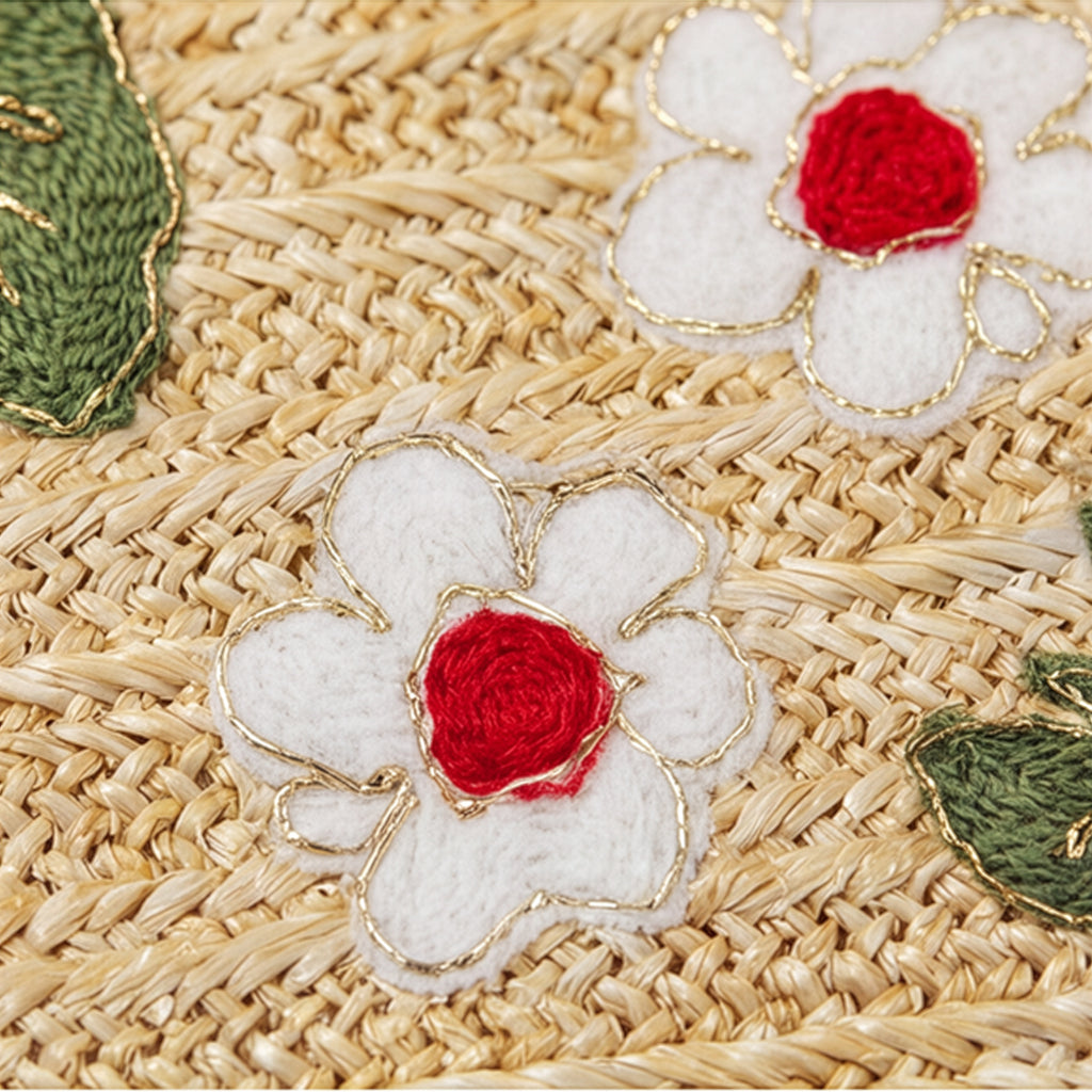 Outdoor Embroidered Strawberry Raffia Lumbar Pillow | 14”×24”