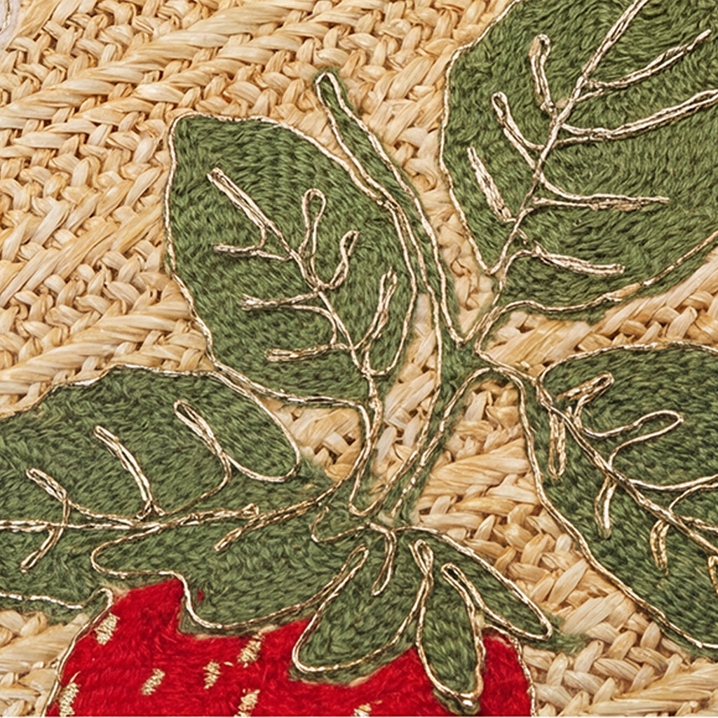 Outdoor Embroidered Strawberry Raffia Lumbar Pillow | 14”×24”