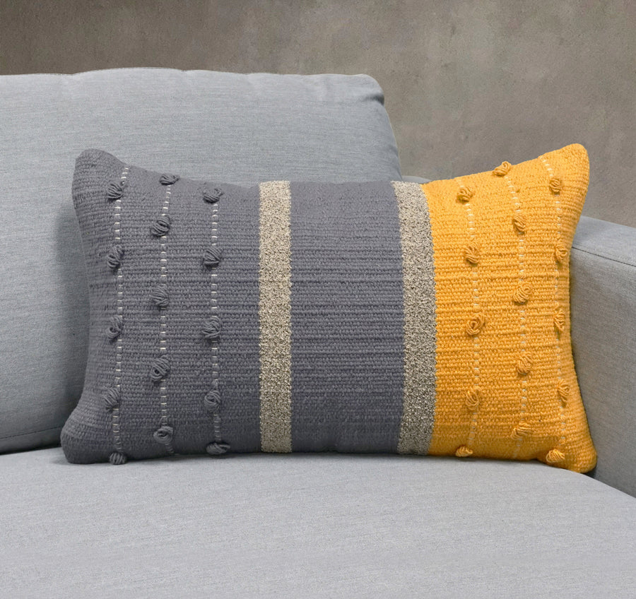Kahlo Indian Throw Pillow Cover | Grey/Yellow | 12" x 20"