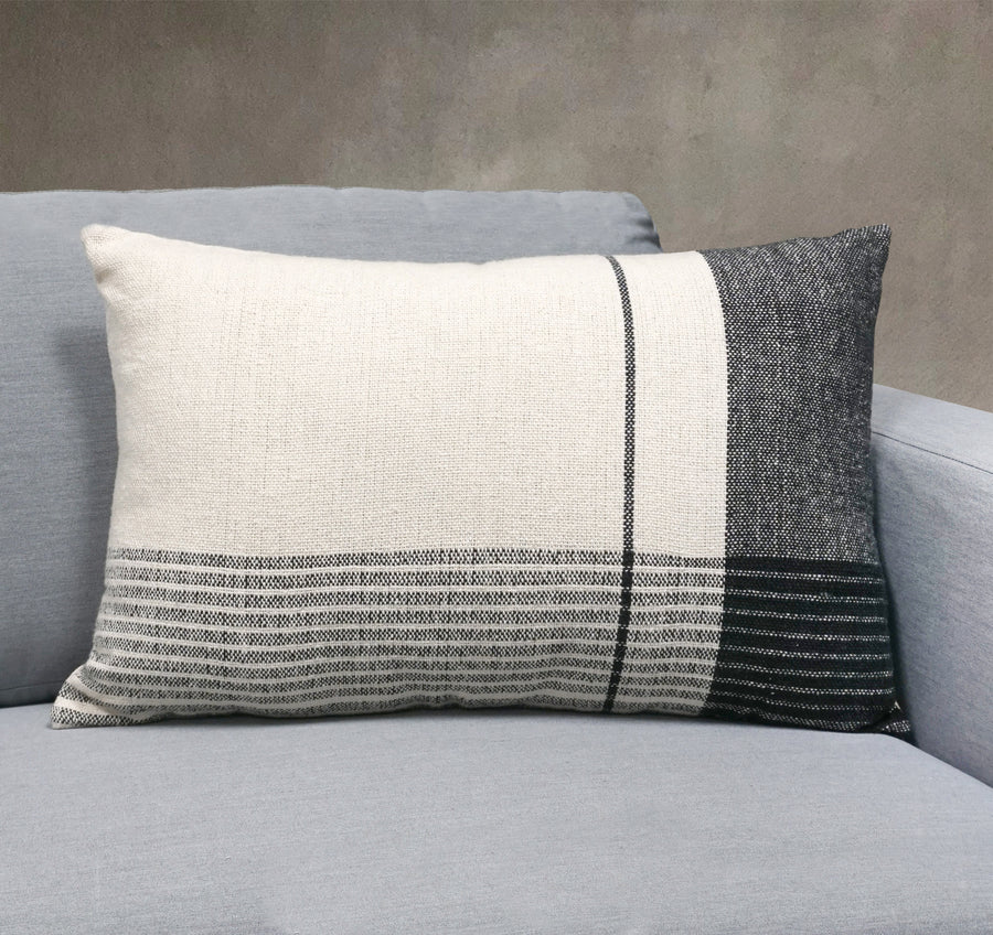 Lucca Indian Throw Pillow Cover | Ivory/Black | 16"x 24"