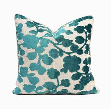 Blossom Cut Velvet Throw Pillow Cover | Turquoise | 20" x 20"