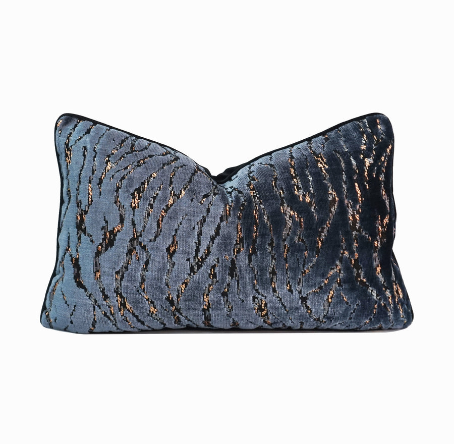Zebra Lumbar Cut Velvet Throw Pillow Cover | Ocean | 12" x 20"