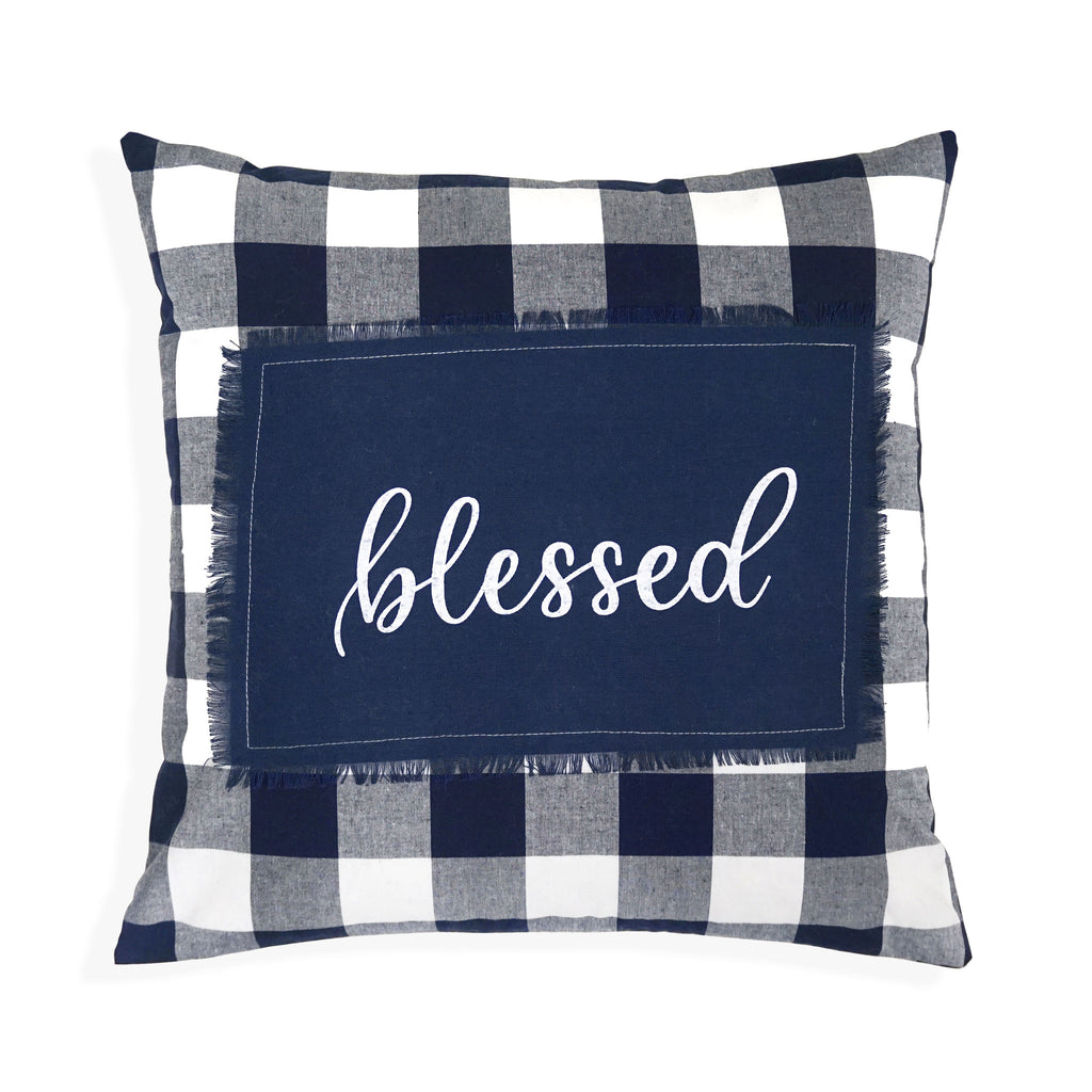 Blessed Applique Buffalo Check Throw Pillow Cover | Navy | 20" x 20"