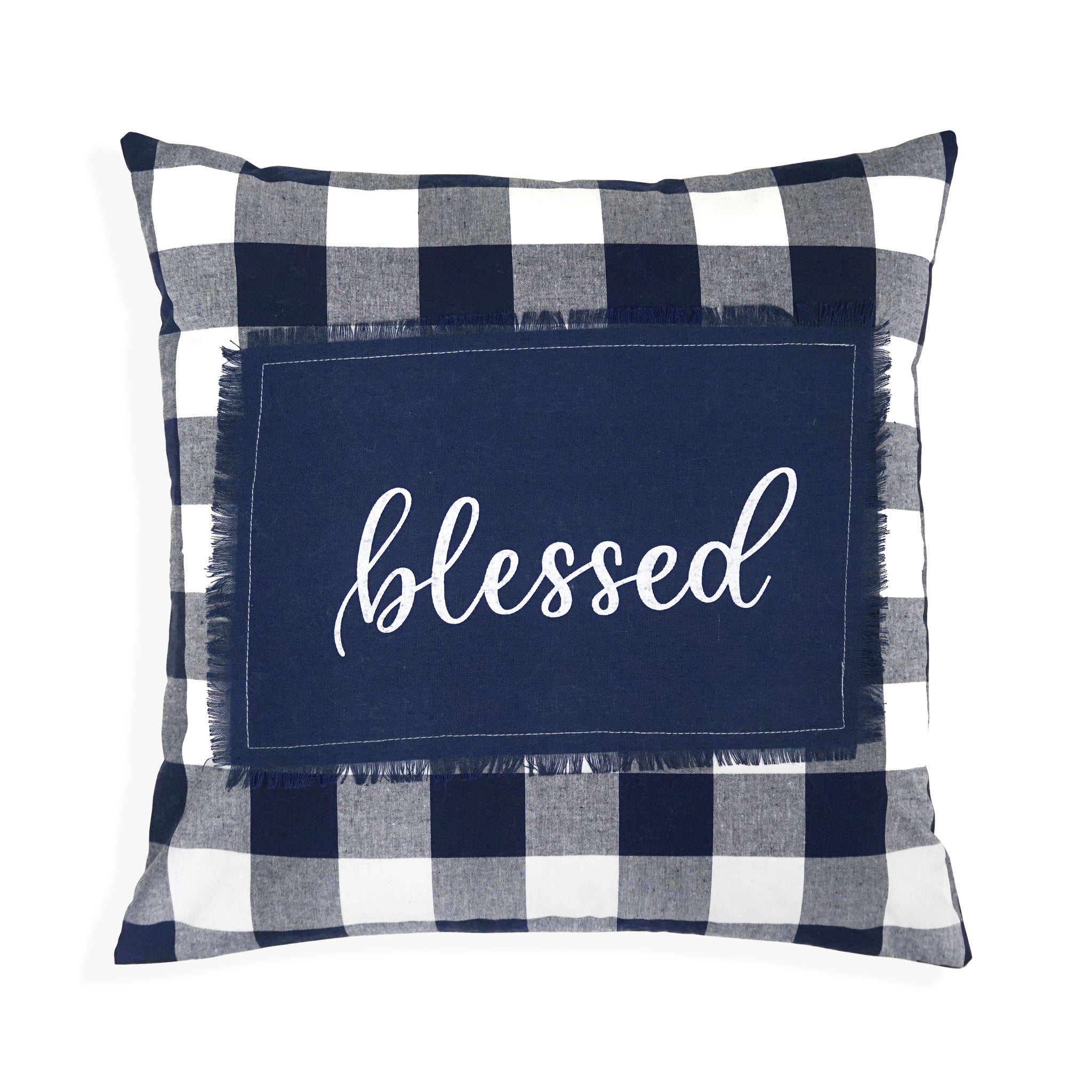 Blessed Applique Buffalo Check Throw Pillow Cover | Navy | 20" x 20"
