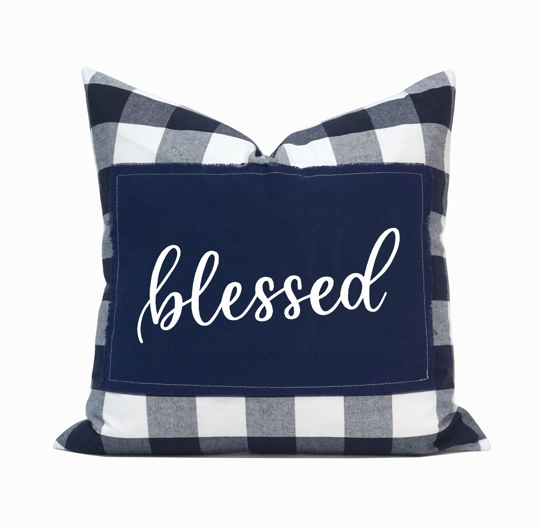 Blessed Applique Buffalo Check Throw Pillow Cover | Navy | 20" x 20"